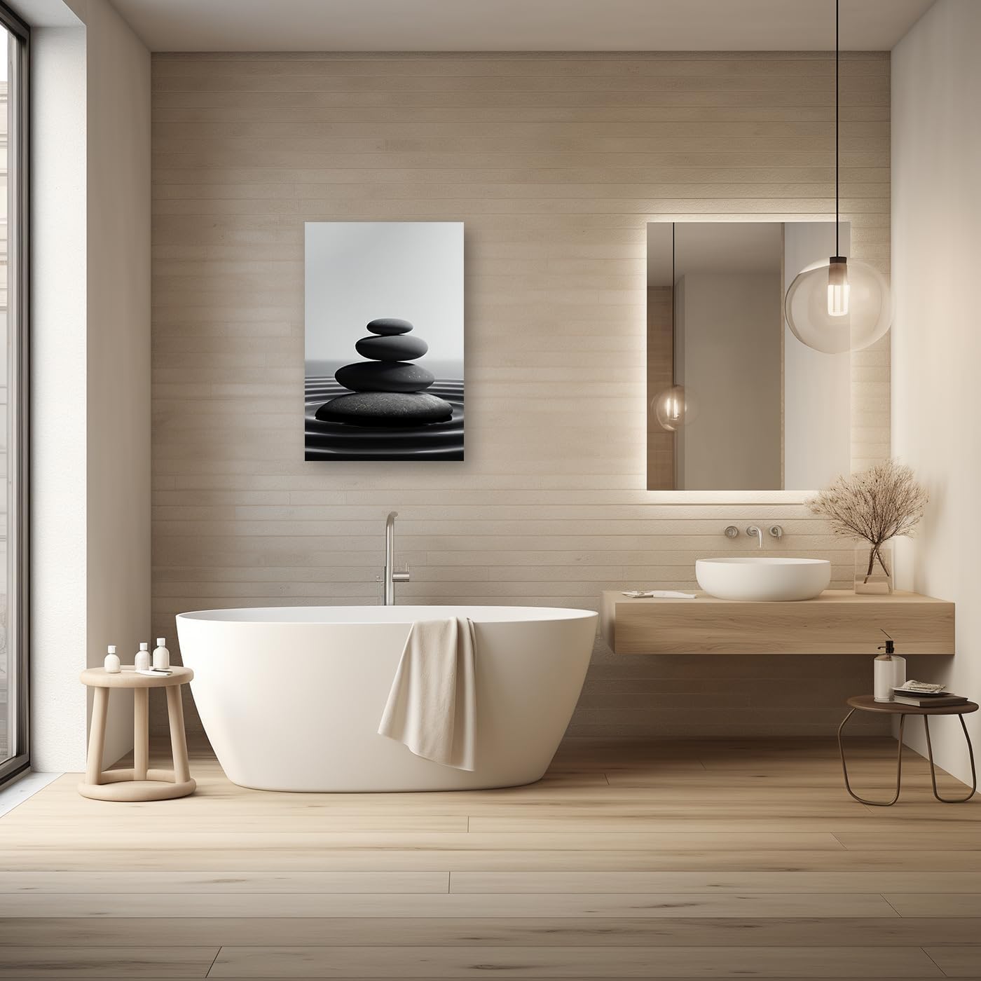 DOARTDO Zen Stone Canvas Wall Art Black and White Spa Stones Picture Print Modern Meditation Spirit Bathroom Decor Frame (12.00" x 18.00", Zen Stone - 1)