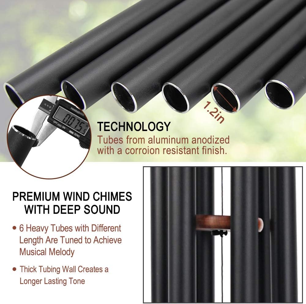 Wind Chimes Outdoor Large Deep Tone, 44 Inches Sympathy Wind Chimes Tuned Soothing Melody, Memorial Wind-Chime with 6 Heavy Tubes for Outside Decoration, Garden/Yard. Black Wind Chime