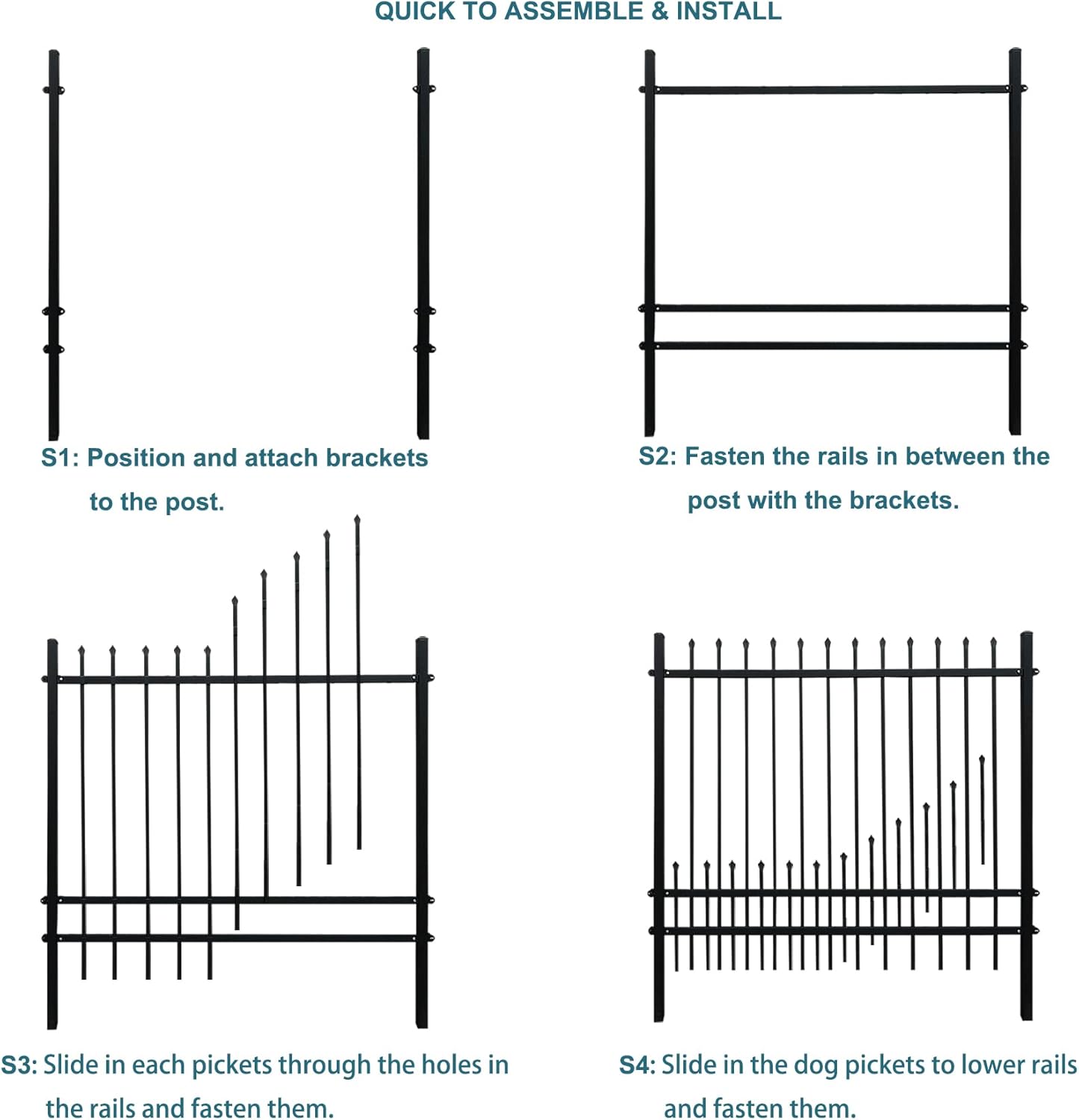 Metal Fence Panels with Dog Pickets, 6ft H x 6.5ft W Galvanized Steel Fence DIY Installation for Outdoor Garden Fence incl. 1 Fence Post, Wrought Iron Style Steel Fence, Black (Upgraded)