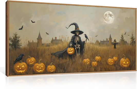 Celestdeco Halloween Ghost Reaper Framed Wall Art Set, Scary Witchy and Pumpkin Wall Decor, Horror Night Wall Painting,Full Moon Bats Art Prints for Living Room,Bedroom,Halloween Themed Party Decor-20"×40"