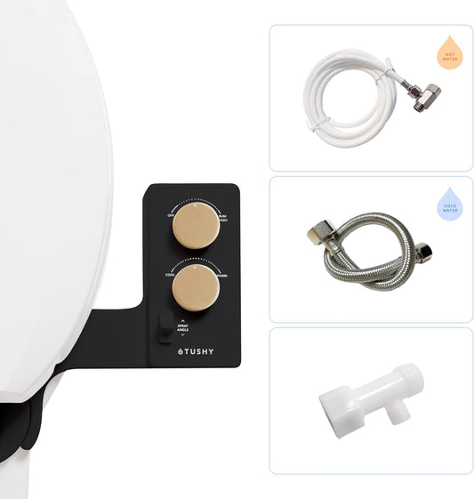 TUSHY 3.0 Spa Cool to Warm Water Bidet Attachment. Easy Universal Toilet Seat Install, Requires Sink Connection for Temperature Control. Fresh Self-Cleaning Clean Water, Noir/Gold