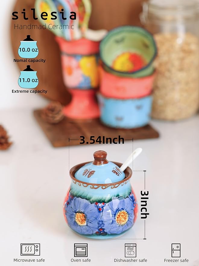 silesia Handmade Sugar Bowl with Lid and Spoon, 9 Ounce Ceramic Hand-Painted Sugar Jar for Home in Gift Box, Kitchen Decor, Oven, Dishwasher & Microwave Safe, Glazed Blue