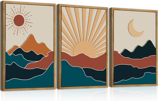 Large Boho Mountain Wall Art Set Modern Abstract Bohemian Wood Wall Decor Colorful Mid Century Neutral Artwork Sun and Moon Art Decor for Living Room Bedroom Office-16x24Inch x3