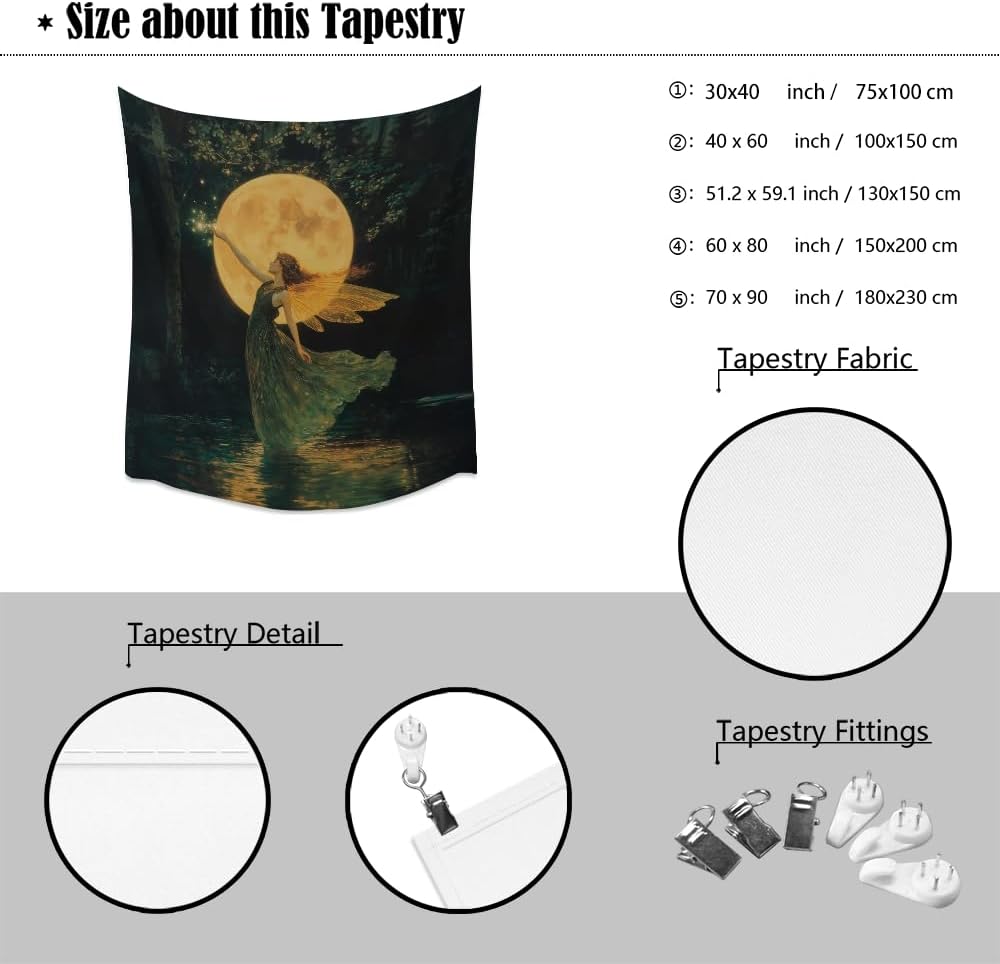 Whimsical Fairy Tapestry Fantasy Moonlight Fae Goddess Print Moody Gothic Aesthetic Wall Hanging Magical Forest Pictures Dark Cottage Witchy Tapestries for Girls Room Bedroom 50x60inch