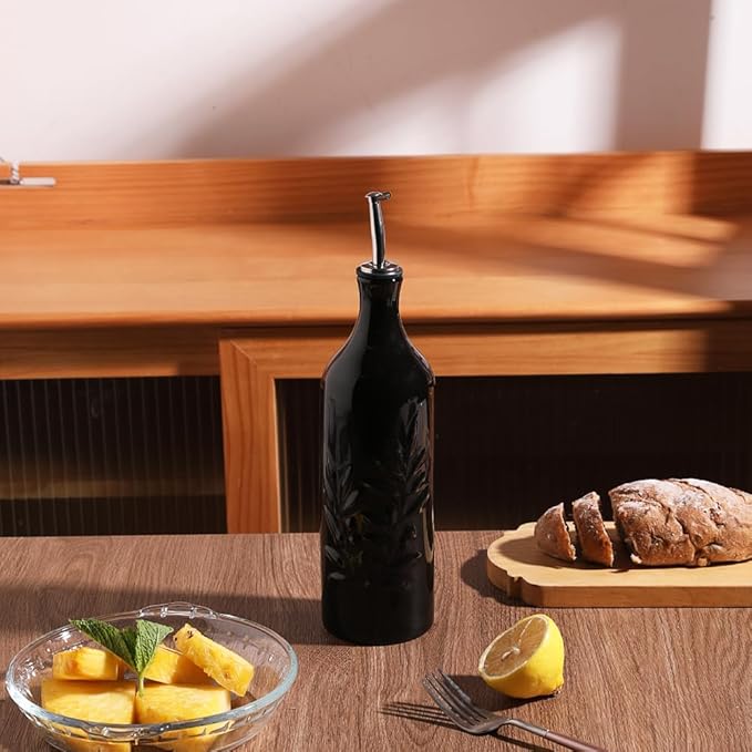 Sweejar Large Ceramic Olive Oil Dispenser Bottle, 24 Oz Relief Opaque Oil Cruet Protects Oil To Reduce Oxidation, Storage Vinegar, Soy Sauce, Coffee Syrup, Liquids, Set of 1 (Black)