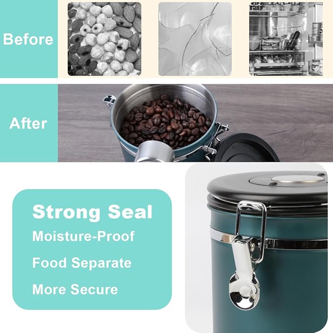 Coffee Canister Airtight Storage Container Stainless Steel Air Tight Coffee Jar with Scoop, Date Tracker CO2 Release Valve for Dry Food, Beans, Ground, Tea, Flour, Cereal and Sugar (Green)