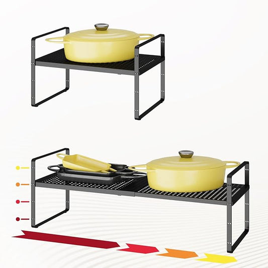 Hole Pattern Expandable Shelf Organizer,1Pack 10.2" Wide Easy to Assemble Cabinet Organizer Shelf, 16.5~27.1" Adjustable Height&Stackable Spice Organization for Cupboard, Black