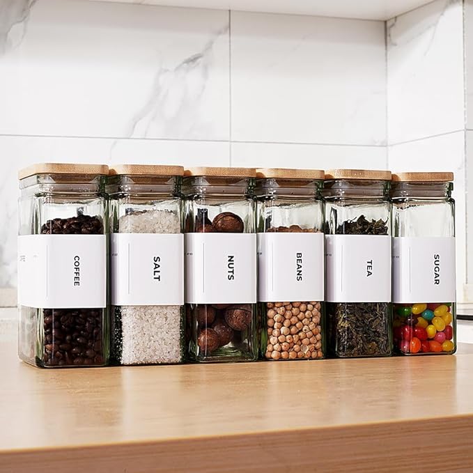 27 oz Glass Storage Jars with Bamboo Lid, set of 6, glass canisters with airtight lids, Clear jars with lids for Cookie, Candy, Tea, Coffee Bean and Rice (White)
