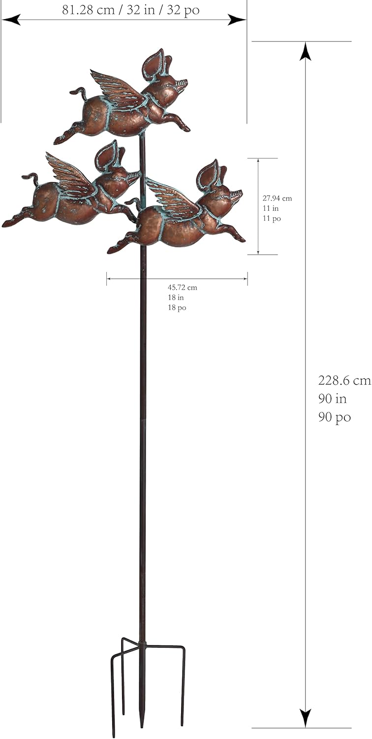 Flying Pig Statues,90" x 32" Antique Copper Outdoor Flying Pigs Garden Decor,Metal Pig Sculpture,Wind Spinner,Weather Vane,Yard Art for Patio,Lawn,Garden,Country Cottage,Farm