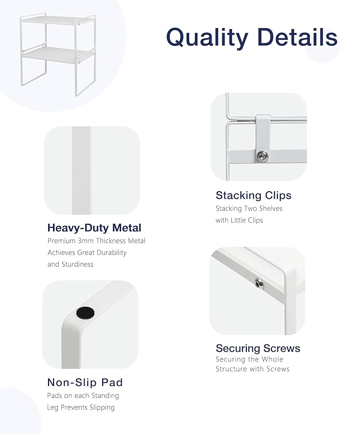 Nxconsu 2Pack Cabinet Shelves Stackable Shelf Organizer Rack Riser for Kitchen Cabinet Pantry Cupboard Counter Countertop Home Organization Storage Space Saver Heavy Duty Metal Nonslip White Wide Tall