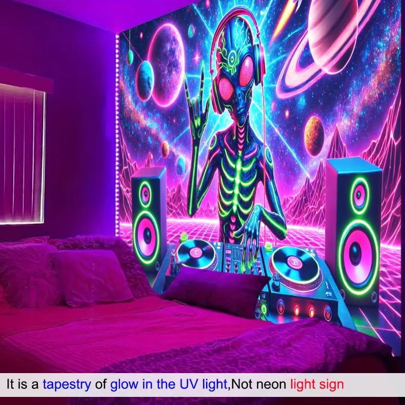 BlissYard Aliens Tapestry 78x59 Inch Blacklight DJ Aliens Tapestry Alien Tapestry for Men Guys Bedroom UV Reactive Alien Wall Tapestry Hanging Art Tapestry Room Decor Aesthetics Party Poster Banner