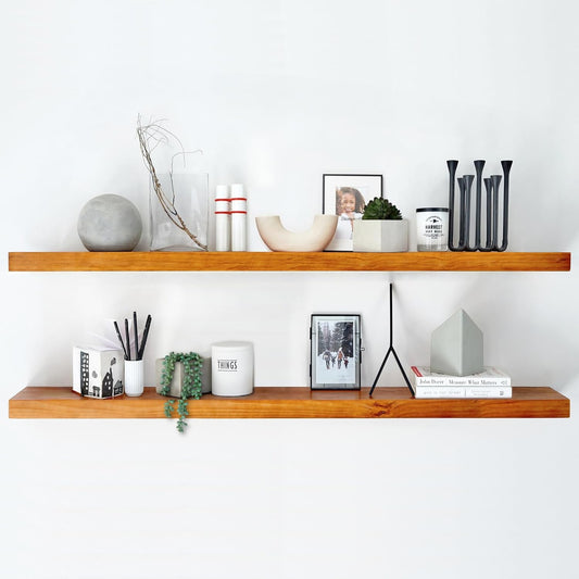 Homeforia Floating 60 inch Oak Shelves, High End Solid Real Wood 60inch Floating Shelf for Wall Mounted, Honey Oak Wooden 60in Large Floating Shelves, Heavy Duty Bracket, 60 X 6.5 X 1.75 in, Set of 2