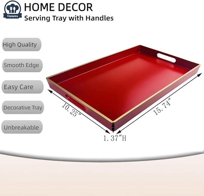 Red Decorative Tray, Rectangular Serving Tray with Handles, Plastic Coffee Table Tray for Ottoman, Living Room, Kitchen Tabletop, 15.6” x 10.2” x1.37”