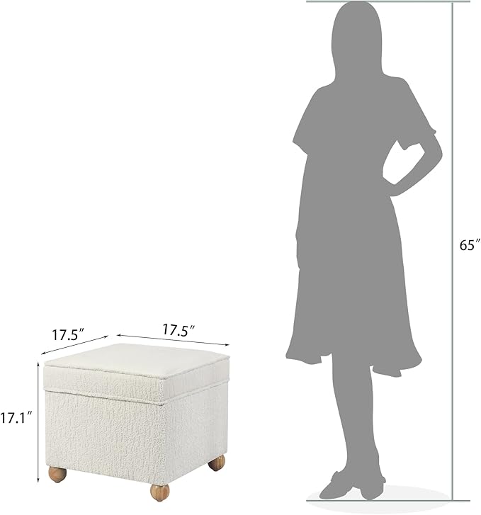 Adeco 17 Inch High Faux Fur White Cube Ottoman Storage, 3D Embossed Velvet Chair Foot Stools, Upholstered Vanity Stool with Hinged Lid, Solid Round Wood Legs