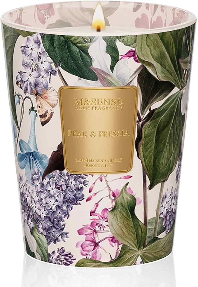M&SENSE Pear Fressia Scented Natural Soy Wax Candle, 14.1oz 60 Hours Long Lasting Slow Burning Candles for Home Decor, Aromatherapy Candle for Stress Relief