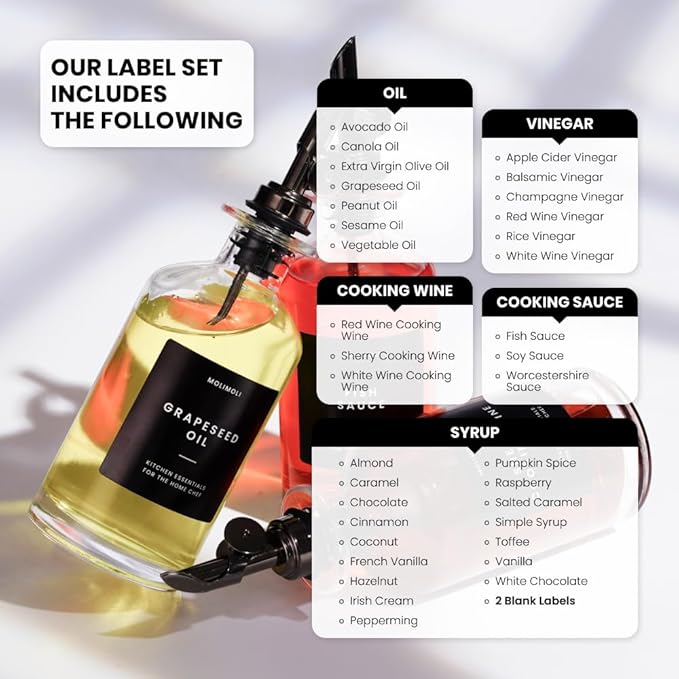 Molimoli Oil and Vinegar Dispenser with Metal Pour Spout, Weighted Pourer, Glass Bottle Dispenser for Kitchen w. Ceramic Tray|Black, 350ml, Set of 2