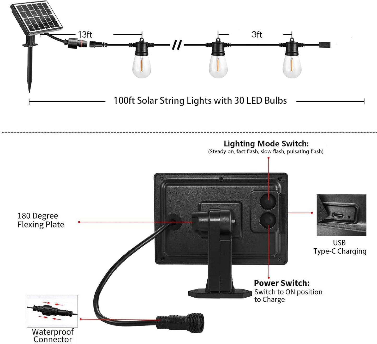 SUNTHIN 100ft Solar String Light Outdoor, USB Rechargeable Patio Solar Outdoor Lights with Waterproof & Shatterproof 30 LED Bulbs for Backyard, Porch, Garden, Pool, Party, Camping