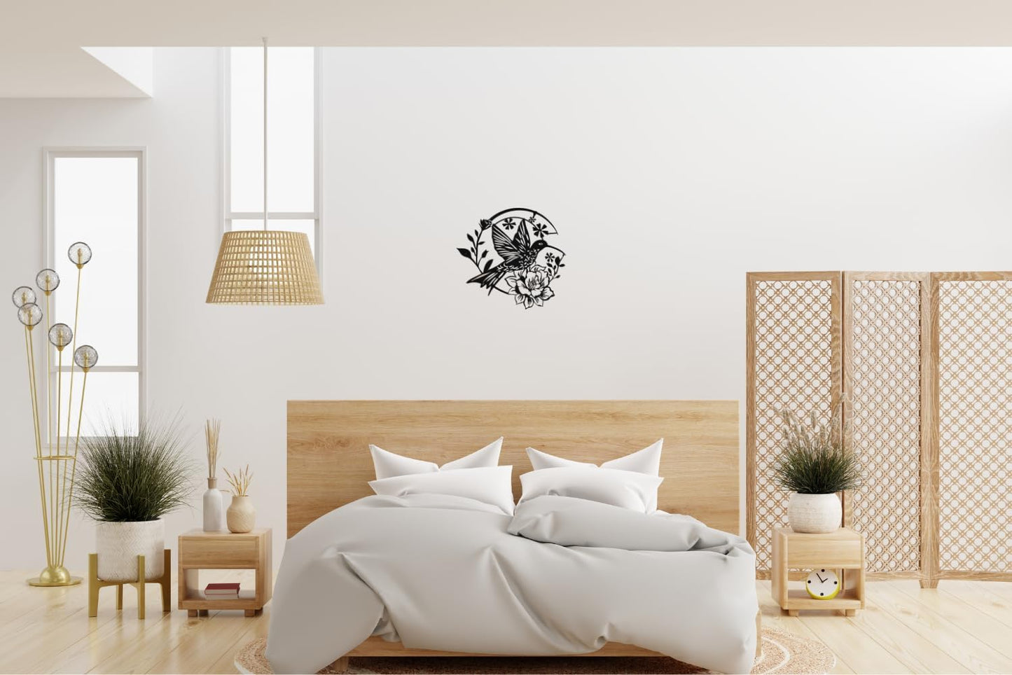 SHIMANY Black Metal Wall Art - Hummingbird Hanging Wall Sculpture with Floral Design for Bedroom, Living Room, or Reading Nook - Botanical Accent