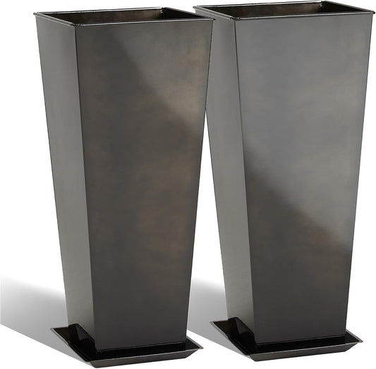 KOL 25''H. Bright Glazed Planter with Drainage Hole, Set of 2, Tall Galvanized Steel Planter Pots with Saucer for Indoor & Outdoor Use, Decorative Flower Plant Pots for Porch, Patio, Deck - Black