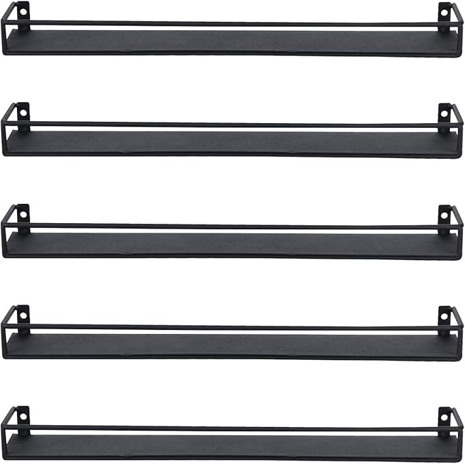 MyGift 16 Inch Wall Mounted Black Metal Nail Polish and Essential Oil Display Shelves, Kitchen Hanging Racks for Seasoning Shakers or Spice Jars, Set of 5