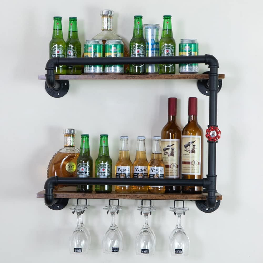 Wine Rack Wall Mounted 2 Tier, Hanging Floating Small Mini Bar Liquor Shelves with Glass Holder Storage Under, Industrial Rustic Pipe Farmhouse Kitchen Decor Black(23.6x10.6x19.7)