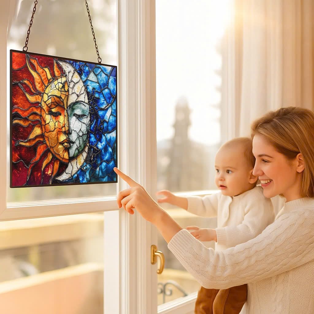 Rectangle Sun and Moon Suncatchers for Windows, Stained Glass Window Hangings,Hand-Painted Glass Panel Perfect for Home Décor