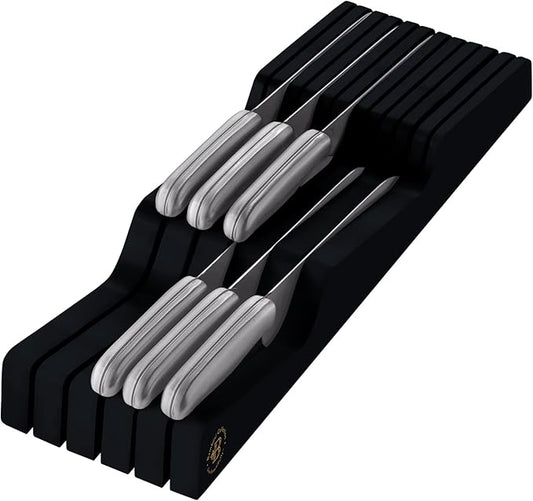 In-Drawer Knife Block - Bamboo Knife Drawer Organizer for Kitchen - Fits 5 Long + 6 Short Knives | Store Knives with Blades Pointing Down - Wooden Steak knife Holder without Knives (Black)