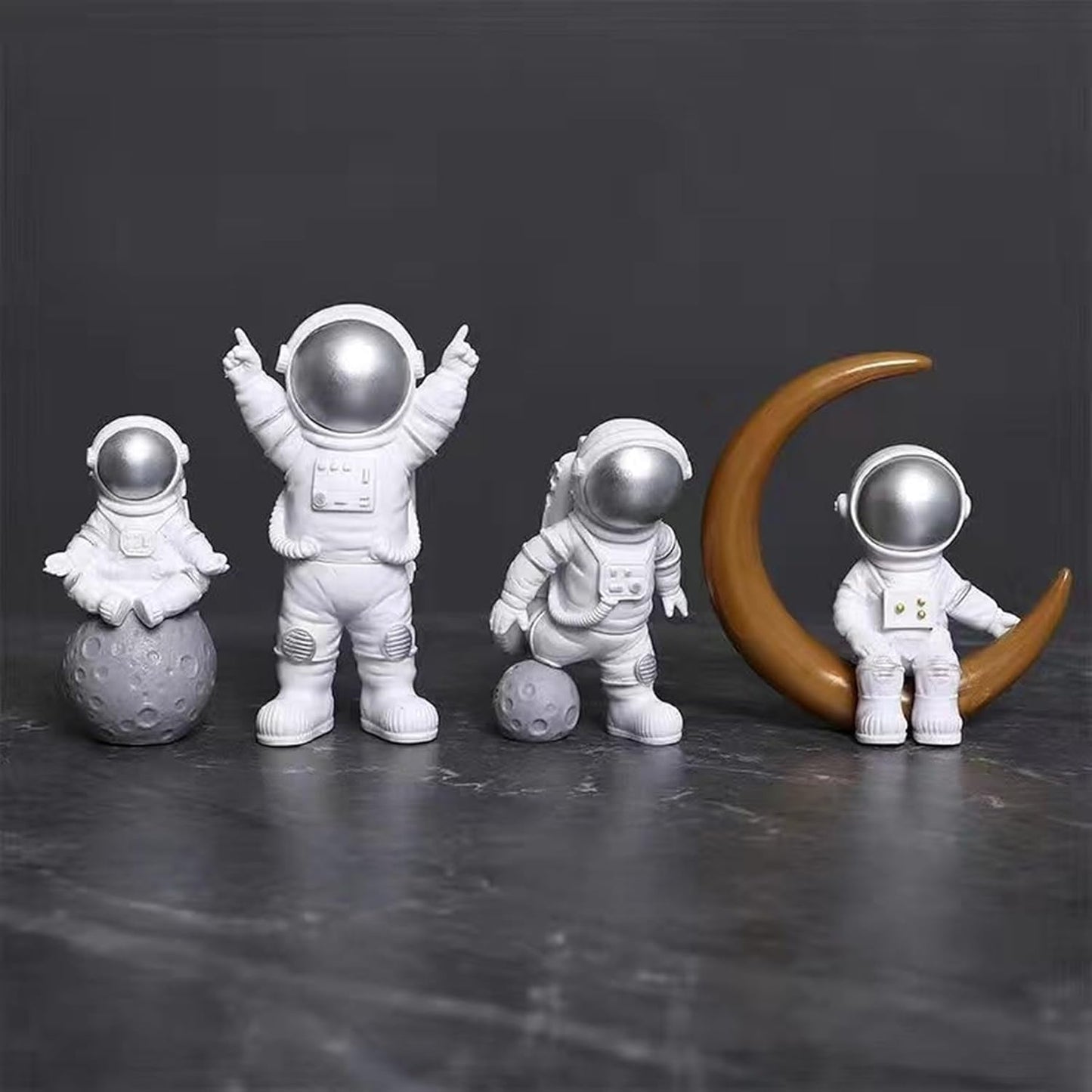 4 Pcs Silver White Astronaut Statues Set, Spaceman Sculpture Figurines Home Ornament Cake Toppers Gift