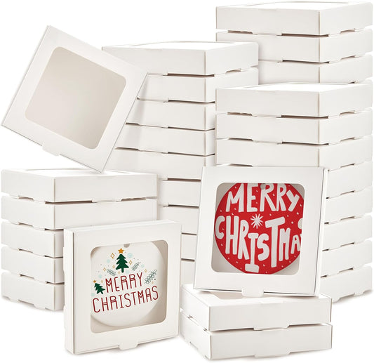 50 Pcs Sublimation Ornament Blanks Box 3.6"x3.6"x0.7" Christmas Ornaments Holder Ceramic Discs Packaging Box with Window for Personalized Xmas Tree Blanks Bulk (White)