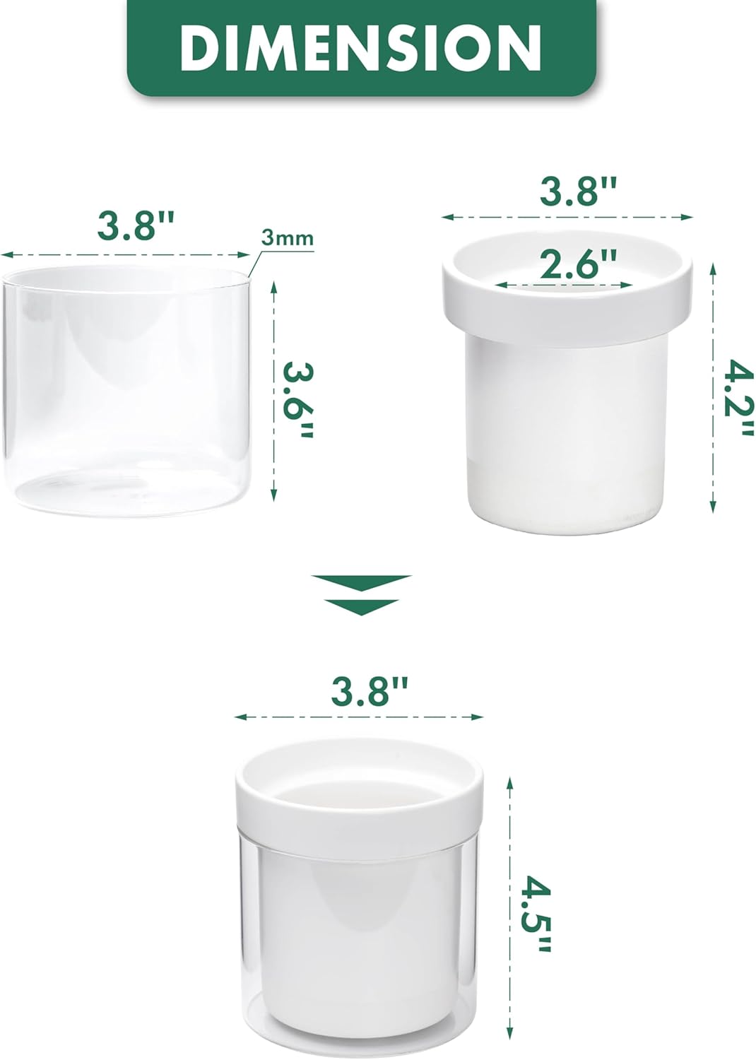 Phoenix Vine 4 Inch Self Watering Planter, White Terracotta Clay Pot with Glass Reservoir for Indoor Plants, Herbs, Flowers, Set of 3, 52-B-E-3