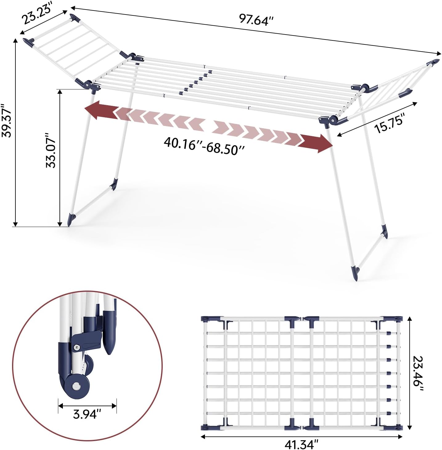APEXCHASER Clothes Drying Rack Foldable, Large Drying Rack for Clothing Retractable, Winged Laundry Rack Folding Indoor Outdoor, Metal Clothes Airer for Bedding Towel Sweater Heavy Duty, White