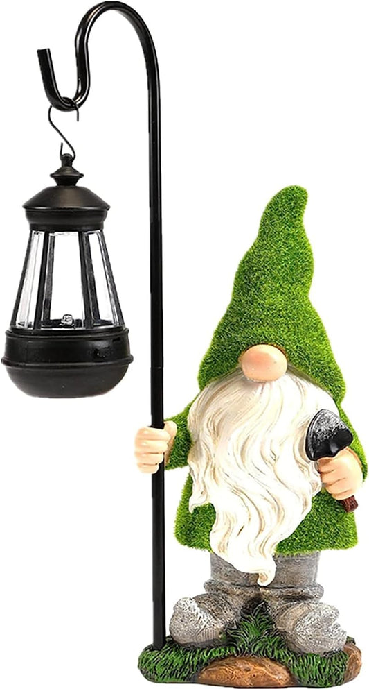 Flocked Solar Garden Gnomes Outdoor Statues 15.8”Outdoor Garden Decor LED Outdoor Decor Light Unique Housewarming Gifts Yard Art Sculptures for Patio Lawn Ornaments