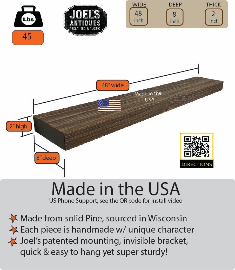 joelsantiques 48 Inch Wooden Floating Shelves for Wall - 48x8x2 in - Made of Natural Wood - Heavy Duty Rustic Wall Shelves for Bedroom - Perfect for Living Room, Kitchen - Medium Brown