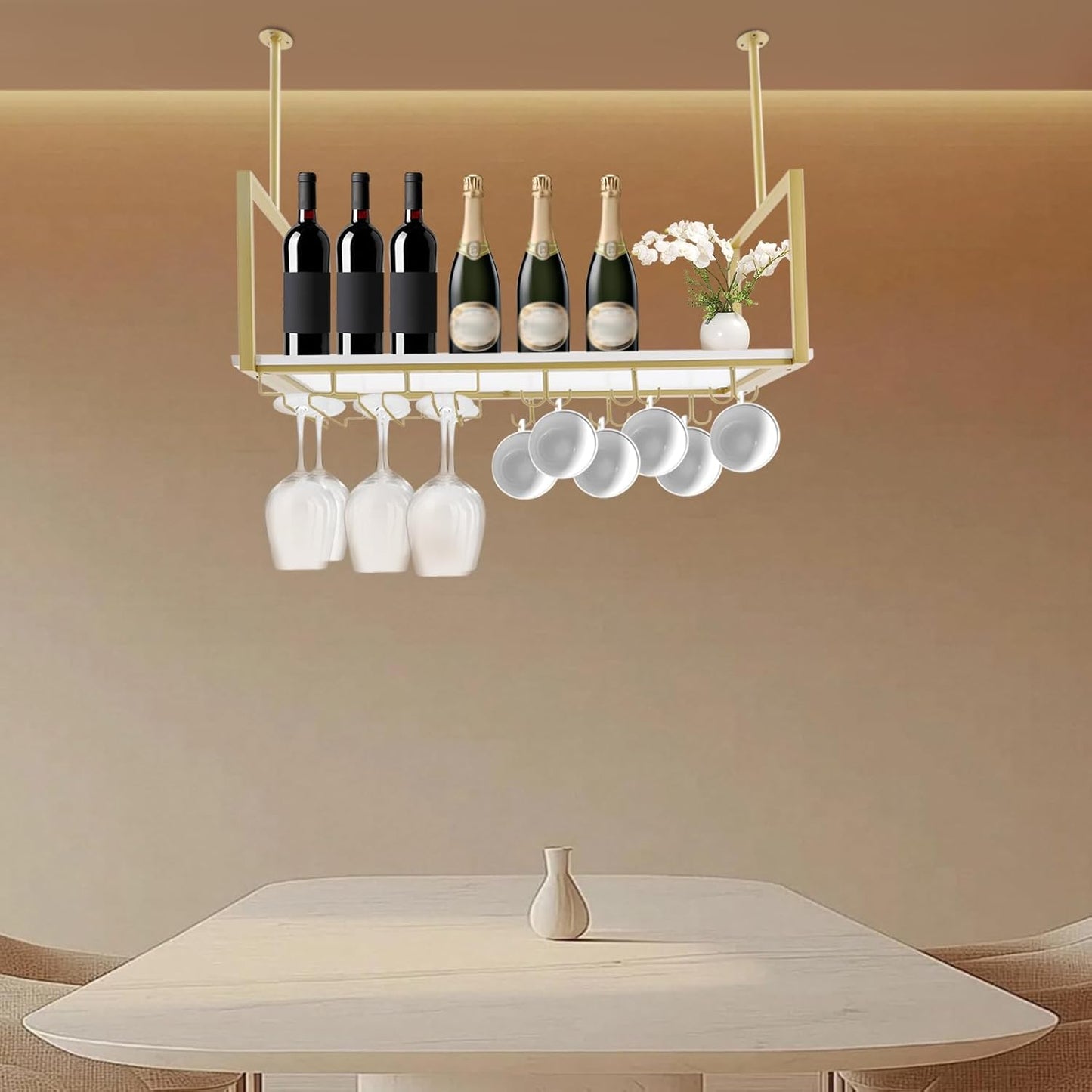 Hanging Wine Rack with Glass Holder Shelf Metal Ceiling Bar Wine Glass Rack Industrial Wall Mounted Floating Shelve Perfect for Bar Cafe Kitchen Restaurant