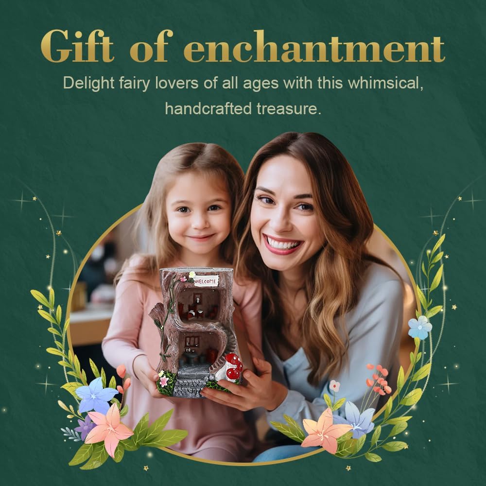 Solar Light Gnome Fairy Garden House for Outside, Big Size Fairy Miniature Buildings Accessories House Sculptures for Outdoor Garden Patio Lawn Path Decorations, 8" Tall