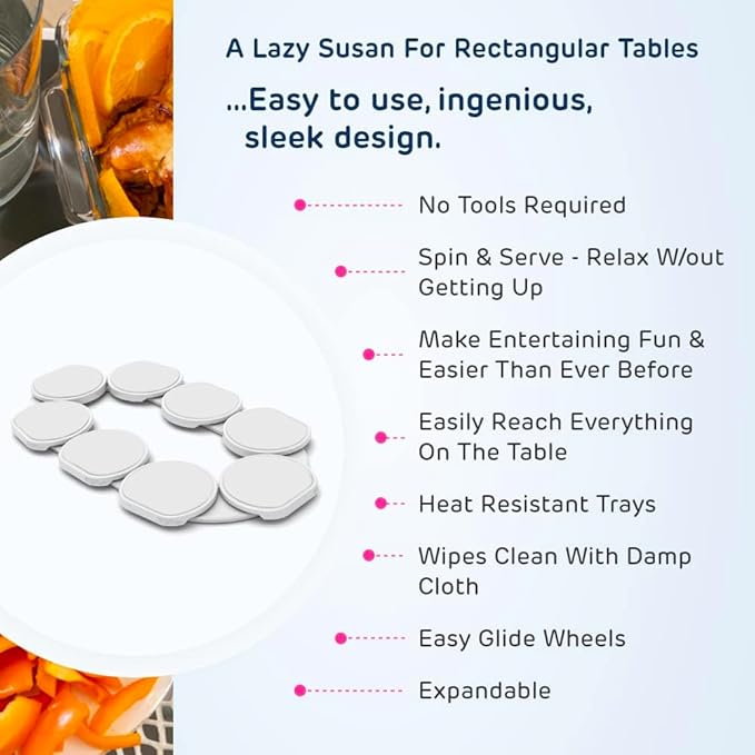 Full Set - White - The First Patented Lazy Susan Turntable Expandable for Rectangular & Oblong Tables - Kitchen & Dining Tables - Great Gift! Parties & Gatherings.