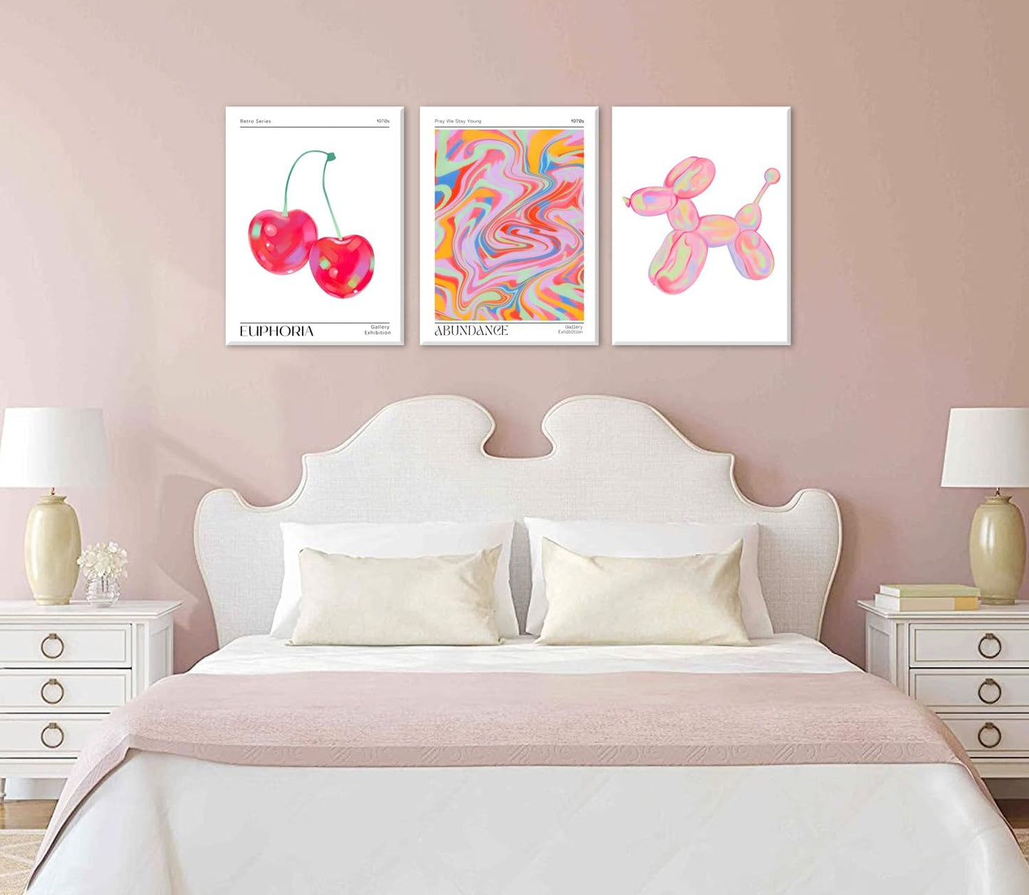Framed Pink Preppy Wall Art Set of 3 Trendy Cute Balloon Dog Cherry Posters Abstract Aura Canvas Prints Modern Colorful Painting Retro Pop Art Decor Positive Picture for Living Room Bedroom 16x24in