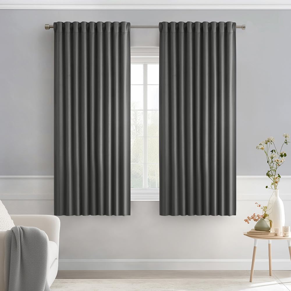 MIULEE Grey Back Tab Blackout Curtains 63 Inch Length 2 Panels Set for Living Room Bedroom Privacy, Rod Pocket/Pinch Pleat Thermal Insulated Room Darkening Pleated Light Blocking Drapes