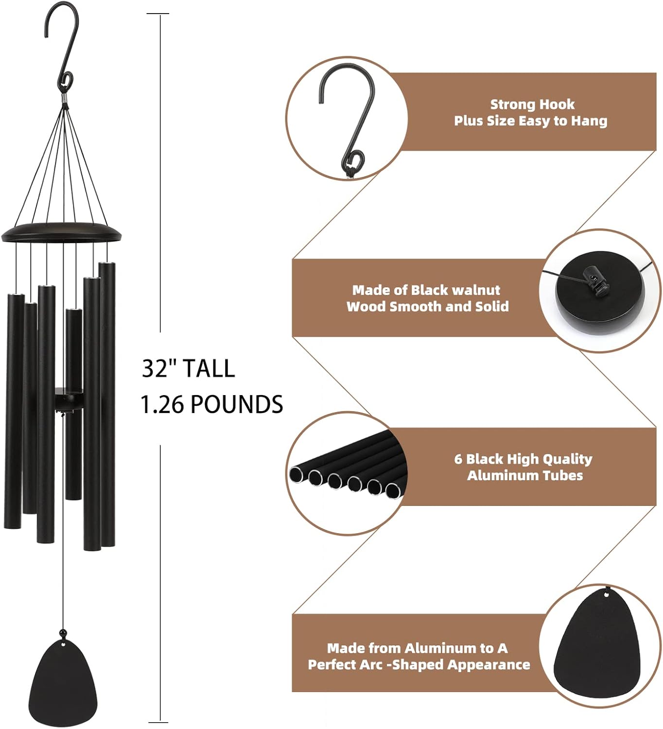 Wind-Chimes-Outdoor-Large-Decor, Deep Tone Soothing Melodic Tones Windchimes, Wind Chimes for Outside, Memorial Wind Chime Best Gift for Mom Women Grandma Neighbors（32" Black）