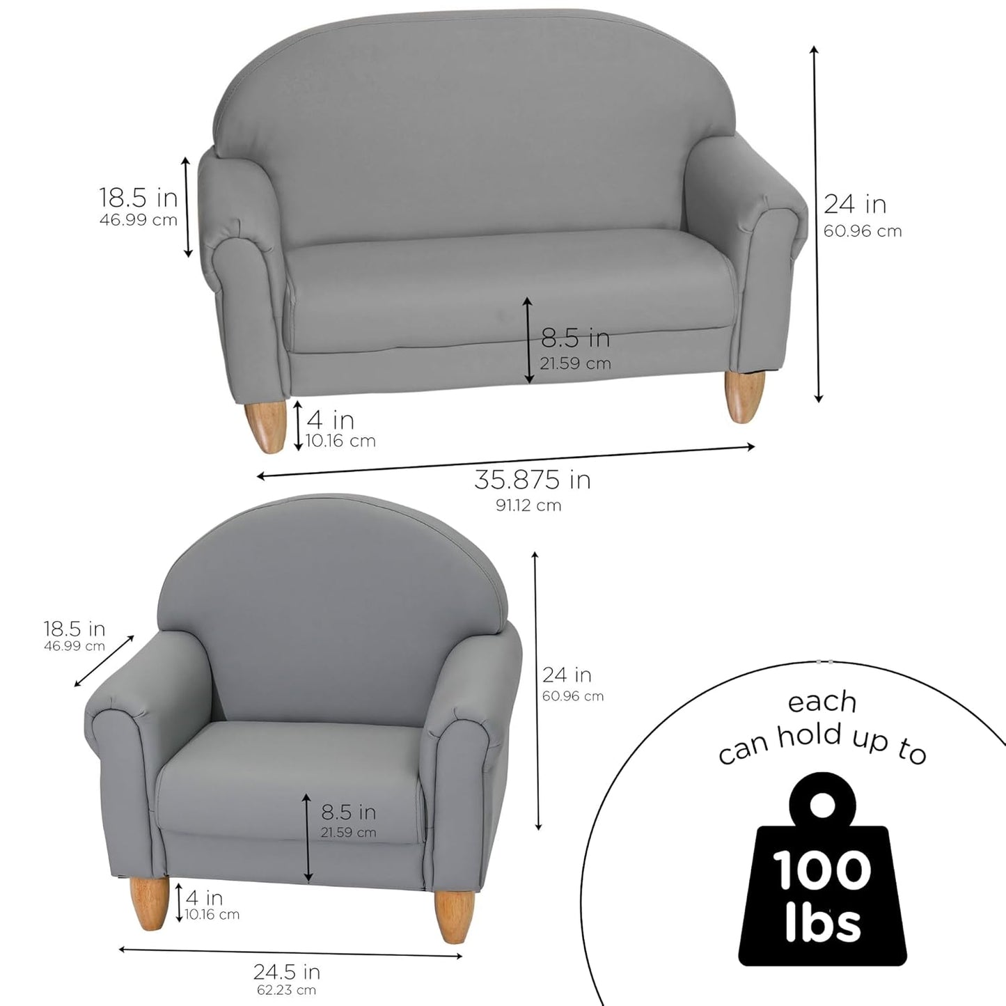 Children's Factory As We Grow Chair and Couch, Flexible Seating for Daycare or Preschool, Kids Reading Couch, Playroom Furniture, Gray