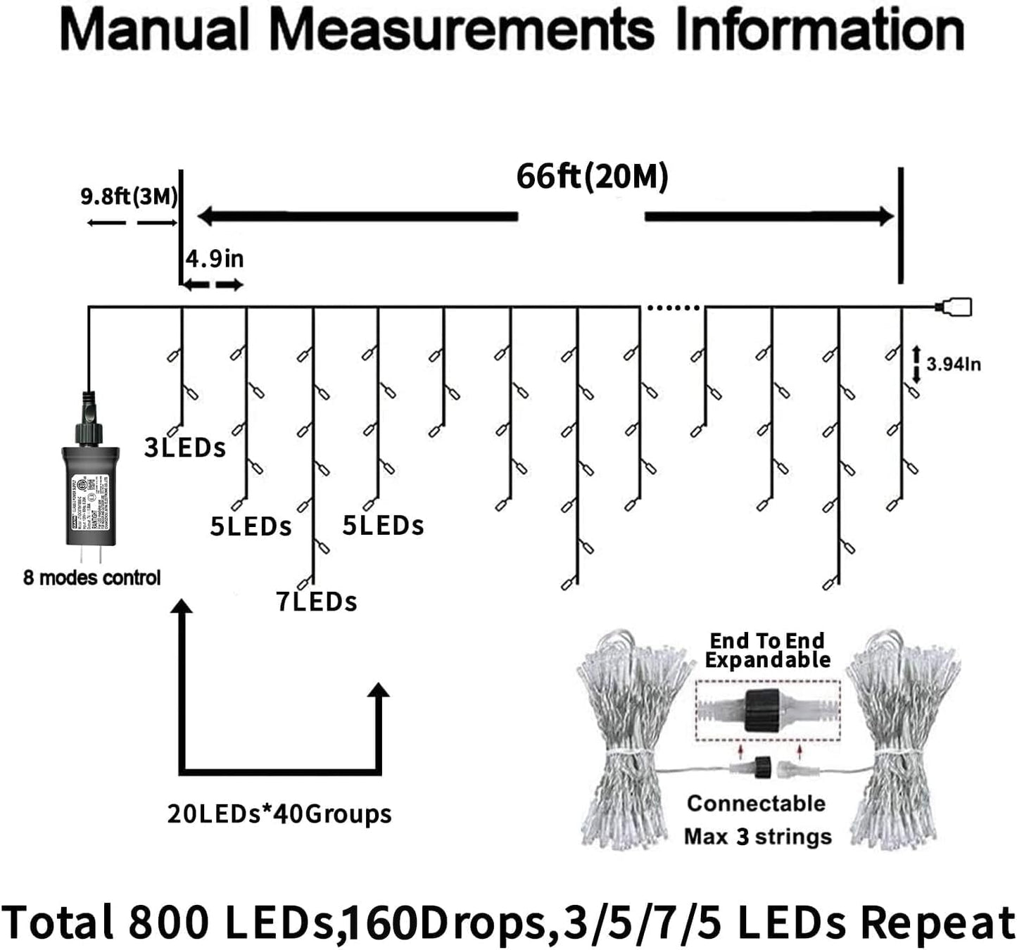 YEGUO 66ft 800 LED Christmas Lights Outdoor Waterproof, 160 Drops Christmas Icicle Light Indoor, 8 Modes Icicle Xmas Lights with Memory Timer(Multicolor)
