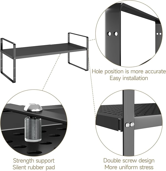 Hole Pattern Expandable Shelf Organizer,2Pack 8.1" Wide Easy to Assemble Cabinet Organizer Shelf, 16.5~27.1" Adjustable Height&Stackable Spice Organization for Cupboard, Black
