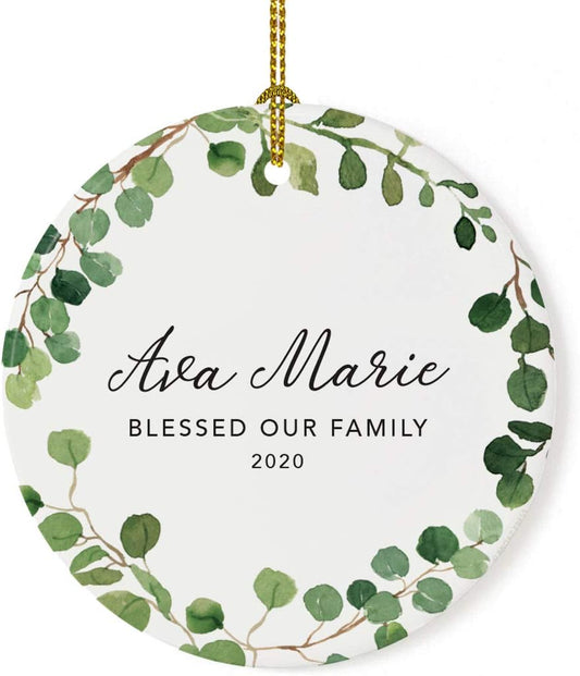 Andaz Press Personalized Round Ceramic Porcelain Christmas Ornament Keepsake Adoption New Baby Gift, A Blessing from God, Ava Marie Carter Adopted 2025, Farmhouse Eucalyptus Wreath, 1-Packs