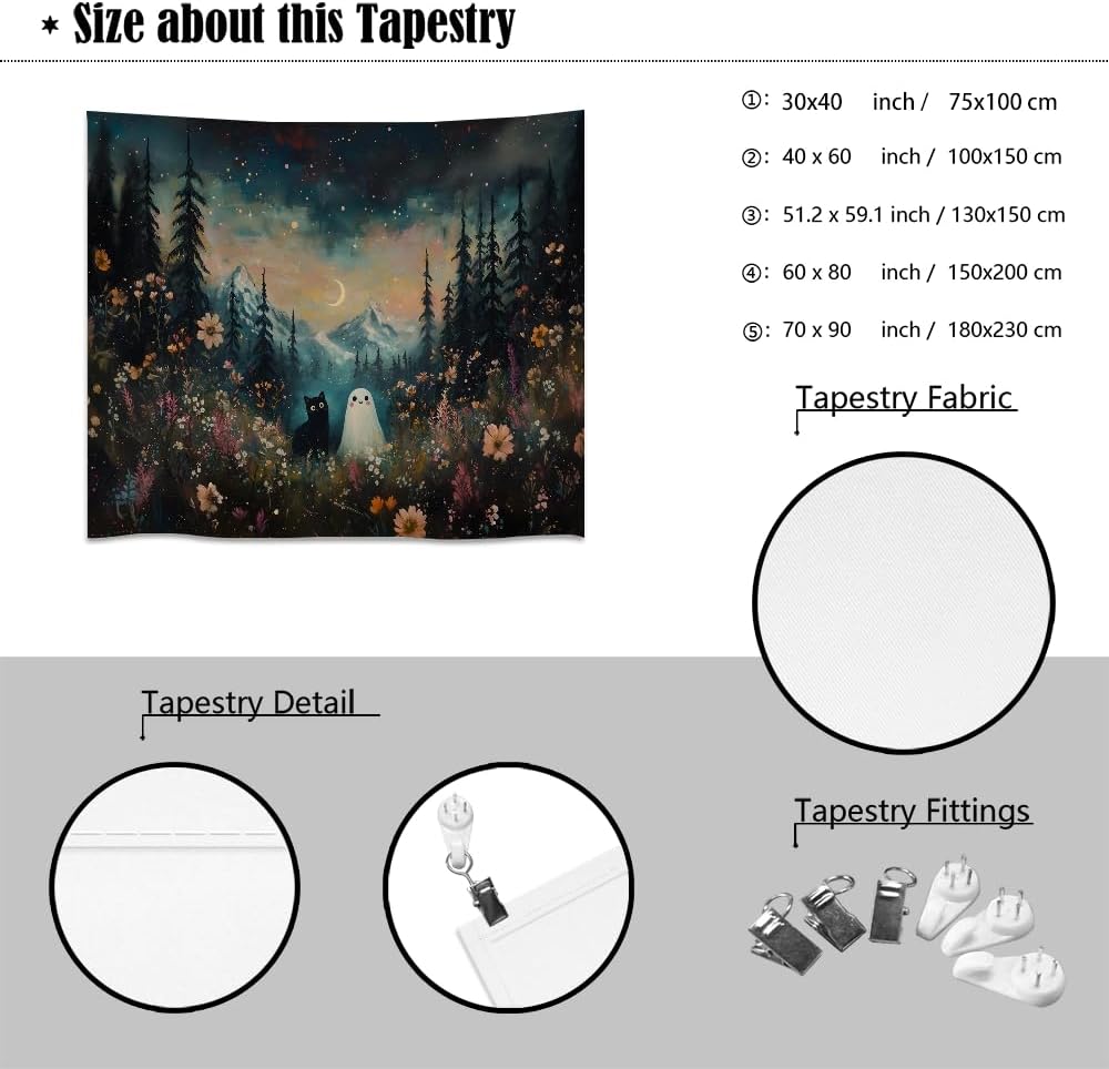 Whimsical Halloween Tapestry Wall Hanging Ghost and Black Cat in Magical Forest Wildflowers Meadow Tapestry Art Print Charming Spooky Fall Season Tapestries for Living Room Bedroom Decor 30x40inch