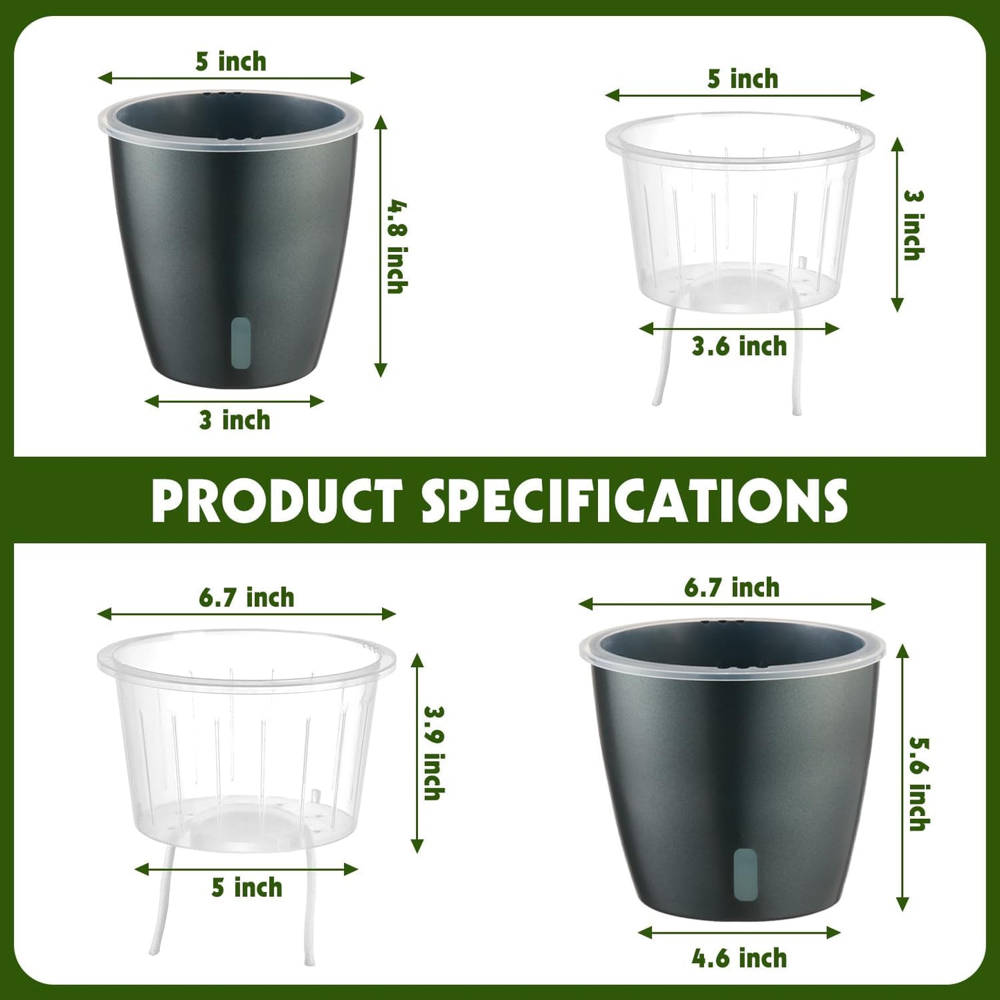 Self Watering Pots for Indoor Plants, 6-Pack 5'' Self Watering Planter with Drainage Holes, Small African Violet Pots with Water Indicator, Clear Wick Orchid Pot, Grey Gold