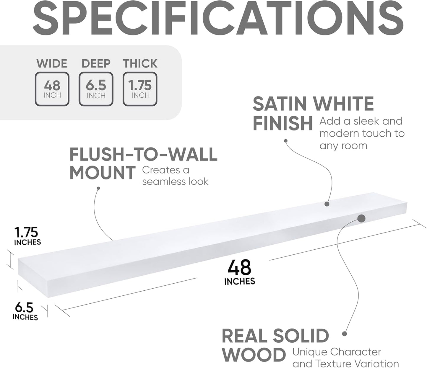 Homeforia White Floating Shelf 48 inches, High End Solid Real Wood 48inch Long Floating Shelves for Wall Mounted, White Wooden 48in Floating Shelves, Heavy Duty Bracket, 48 X 6.5 X 1.75 inch, Set of 2