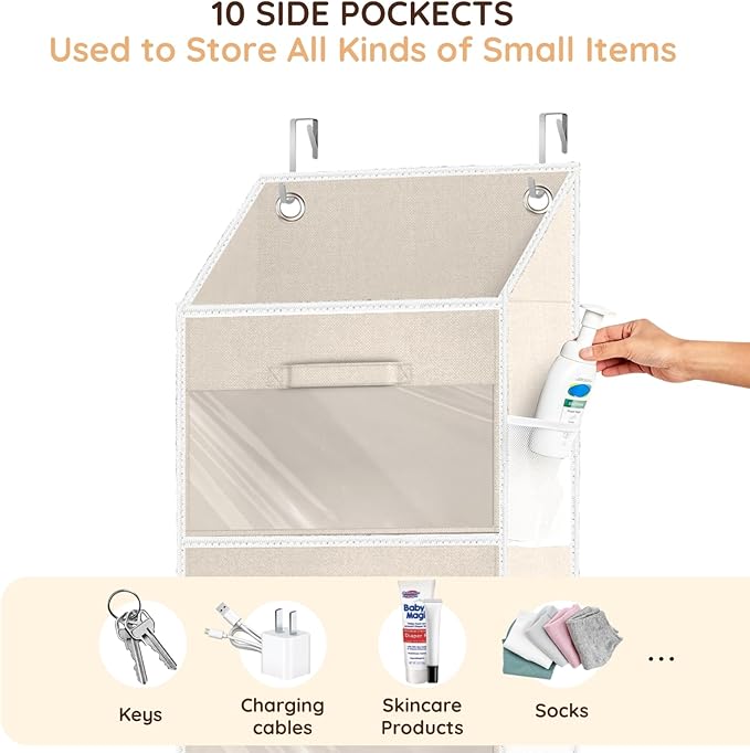 Over the Door Organizer with Drawers, 5 Tier Hanging Storage with Removable Bins & 10 Side Pockets, Over Door Closet Organizer for Baby Items, Yarn, Bed Sheets, Clothes, Toys, Towels – Beige
