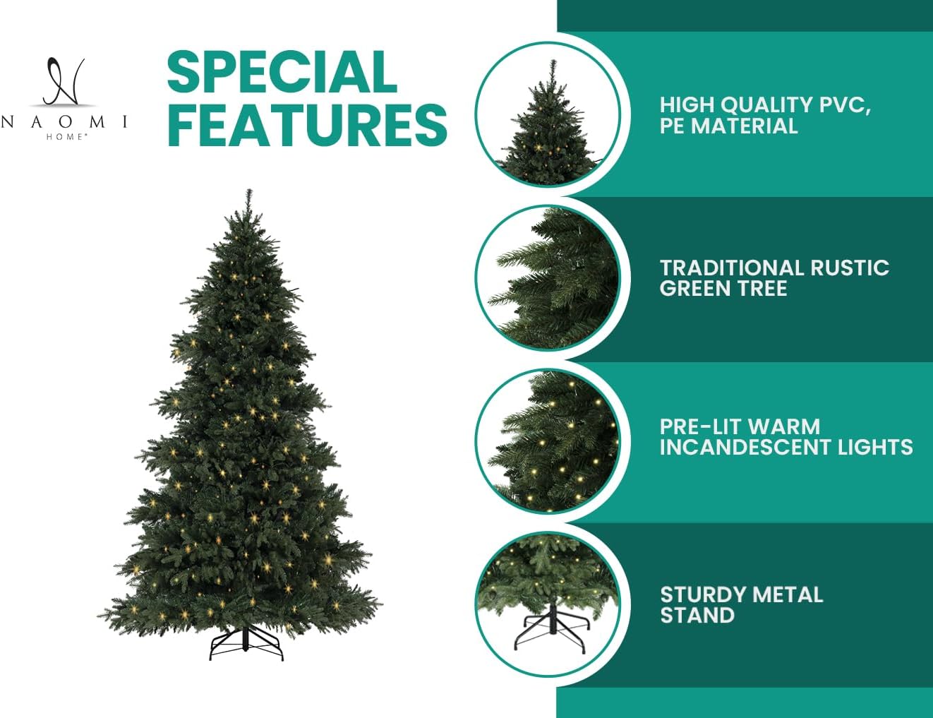 Cynthia 7.5ft Prelit Aritificial Christmas Tree with 3661 Branch Tips, 800 Warm Lights and Metal Stand, 60" Wide Realistic Rustic Christmas Tree with Lights by Naomi Home