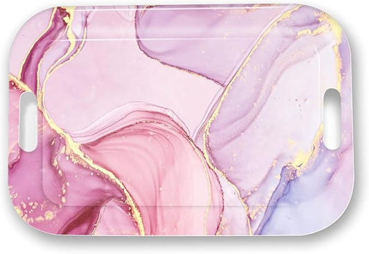 Serving Trays with Handles, 14.5 x 9.8 inch Rectangular Plastic Tray for Restaurant, Kitchen, Painting of Pink and Gold Marble