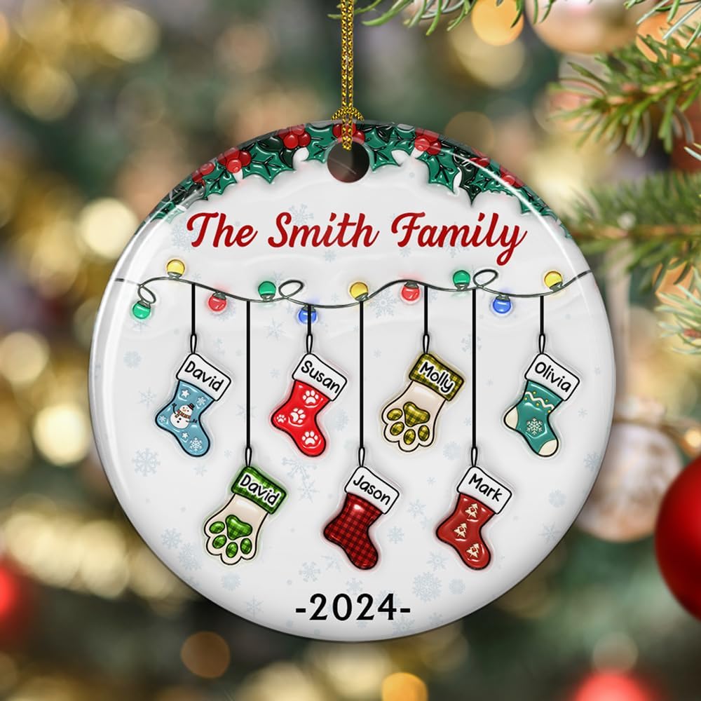Stocking Personalized Family Christmas Ceramic Ornament 2025-3D Inflated Effect Custom Name Hanging Stock up to 10 Members, First Xmas as A Family Ornament Gifts (A04, 3 Names)
